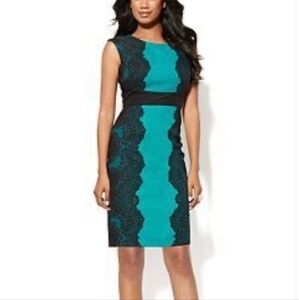 EUC New York & Company Black and Turquoise Sleeveless Midi Dress Size 6